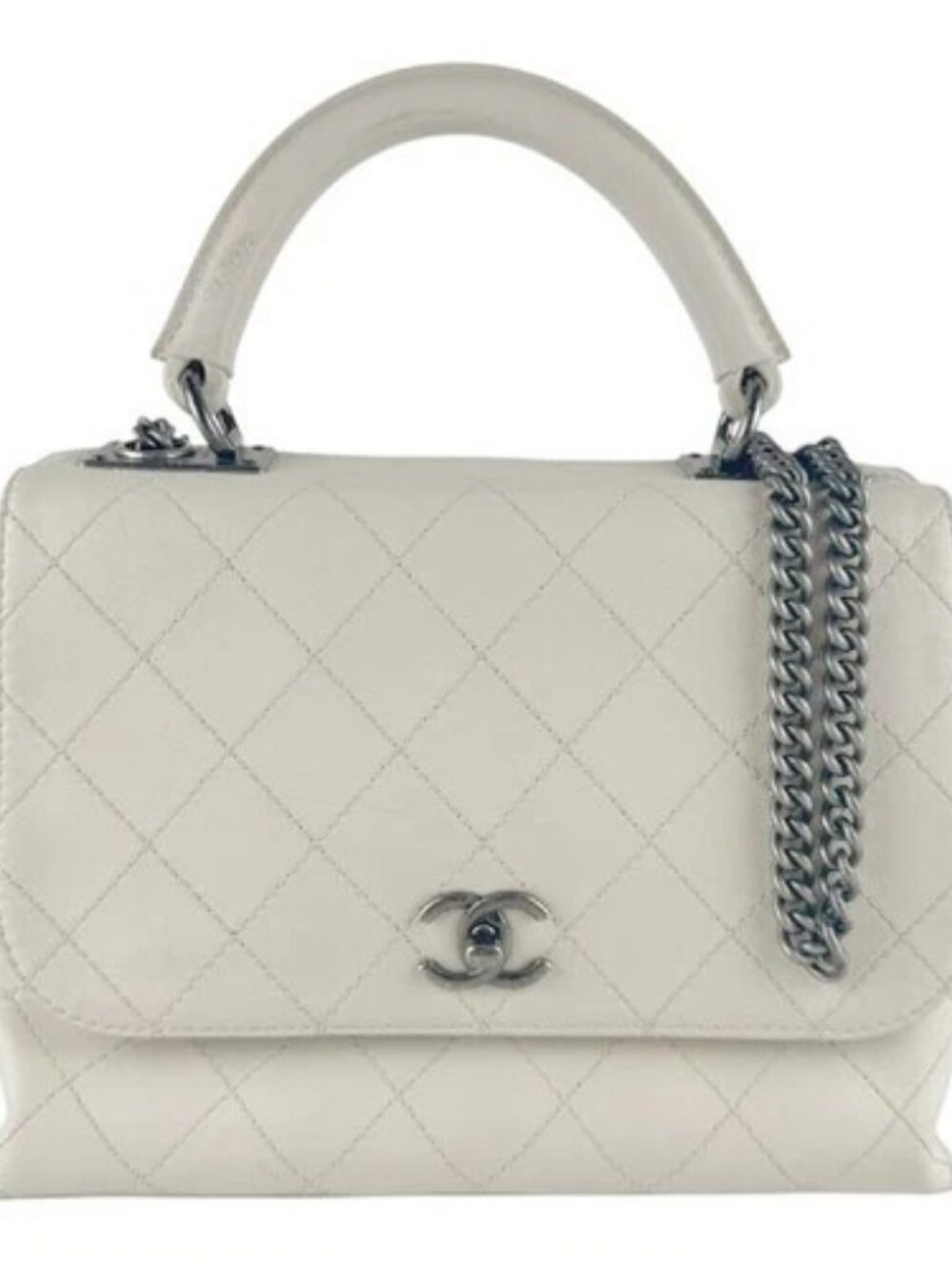 Auth CHANEL Handbag Shoulder Bag Off White Leather/Metal - z9583